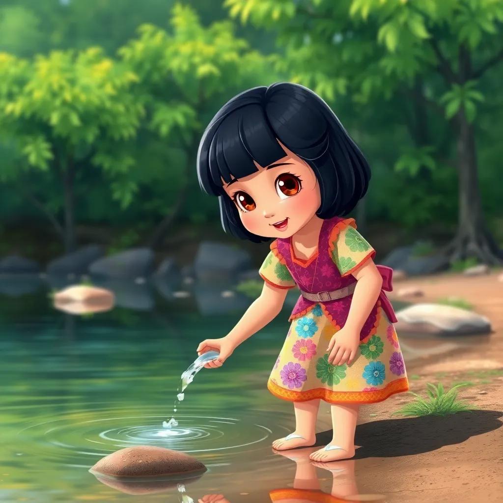 A young girl, Mariam, with black hair in a colorful dress, gathering water from a river nearby, lush green trees in the background, illustration, refreshing scene, child-friendly