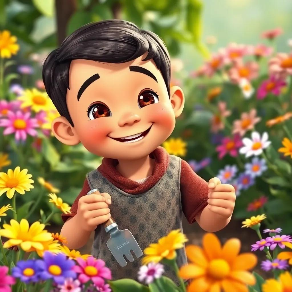A young boy, Ali, busy with small gardening tools, surrounded by flowers of all colors, joyful expressions on his face, animated, cheerful, vibrant environment