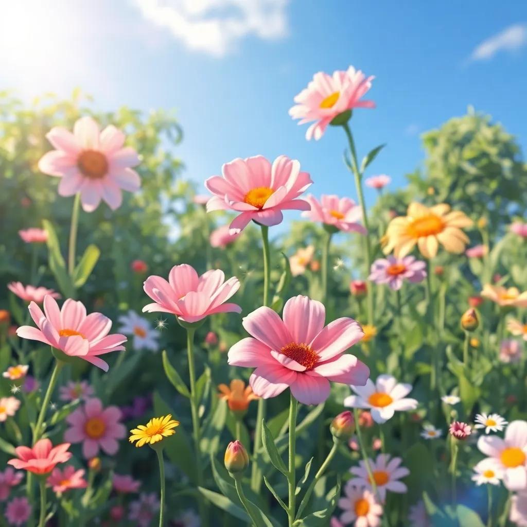 The garden filled with blooming flowers, some bigger and some smaller, under a bright blue sky, magical sparkle in the air, illustration, inviting atmosphere