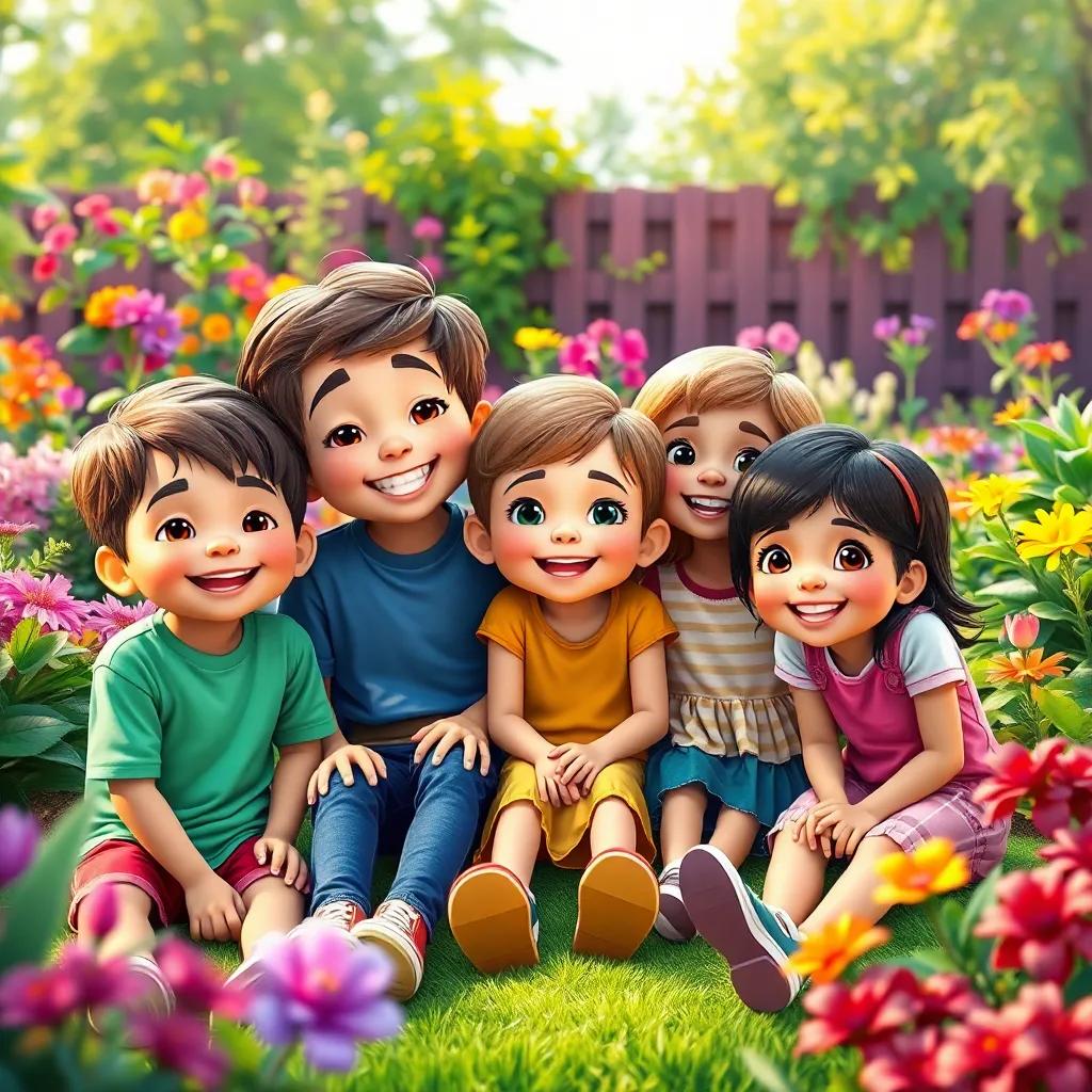 A group of children sitting together in the garden, smiling and enjoying their colorful surroundings, sense of accomplishment and joy, heartwarming, rich colors