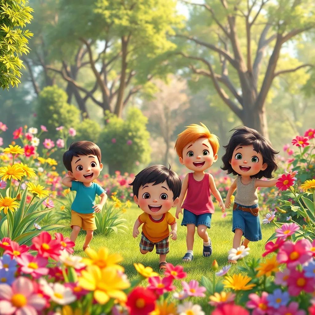 A group of cheerful children playing in a magical garden filled with colorful flowers and green trees, smiling and having fun, vivid colors, warm light, high quality
