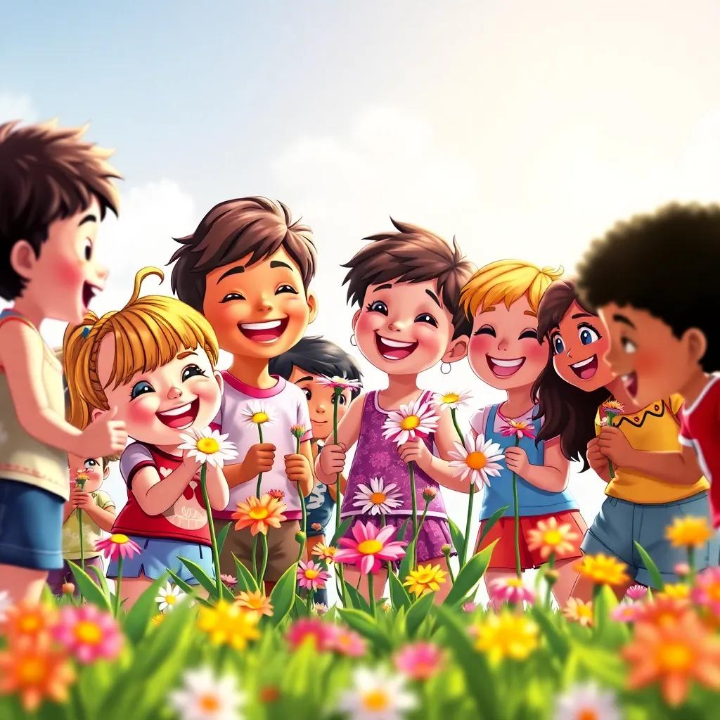 A diverse group of children happily gathering flowers with excitement and laughter, surrounded by a bright sunny sky, cheerful atmosphere, detailed, vibrant colors