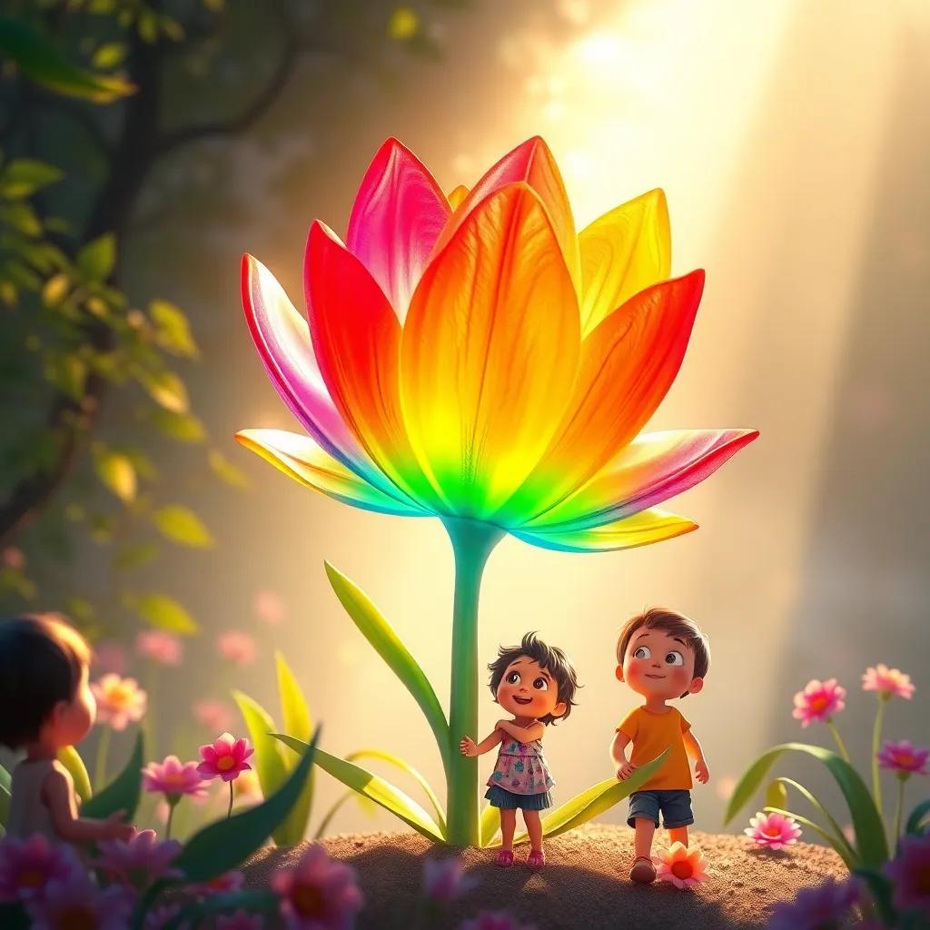 A beautiful rainbow-colored flower glowing in the sunlight, with the children nearby looking amazed and curious, enchanting scene, bright and colorful, high quality