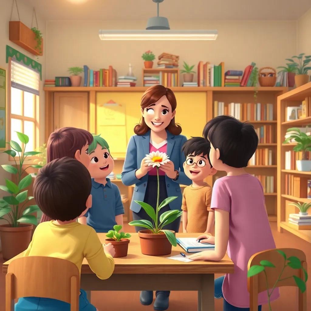 Children gathering around a teacher in a classroom, discussing how to take care of a special flower, classrooms filled with books and plants, warm light, inviting atmosphere