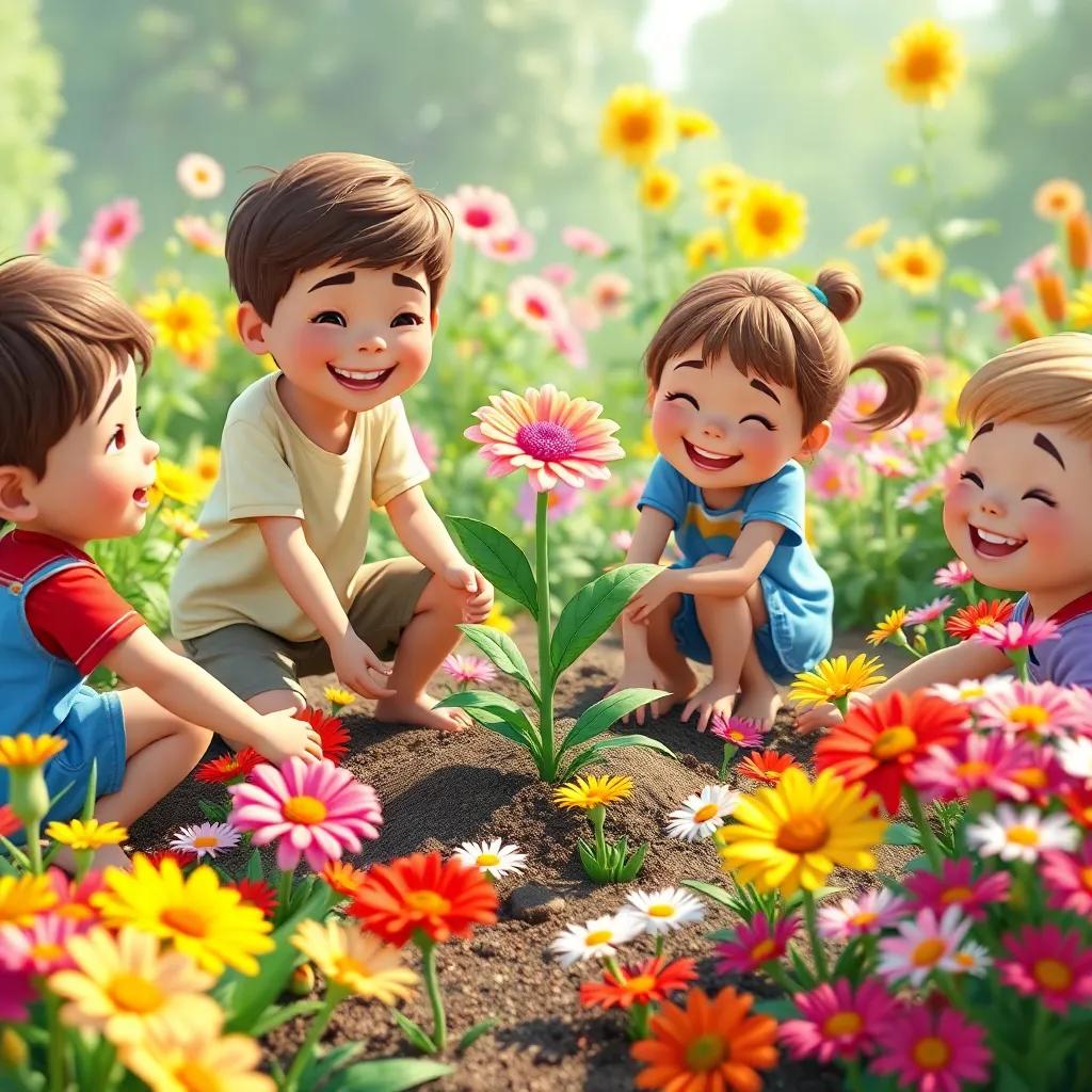 Children joyfully planting a special flower in the center of a garden with vibrant flowers surrounding them, filled with happiness and teamwork, bright colors, uplifting scenery