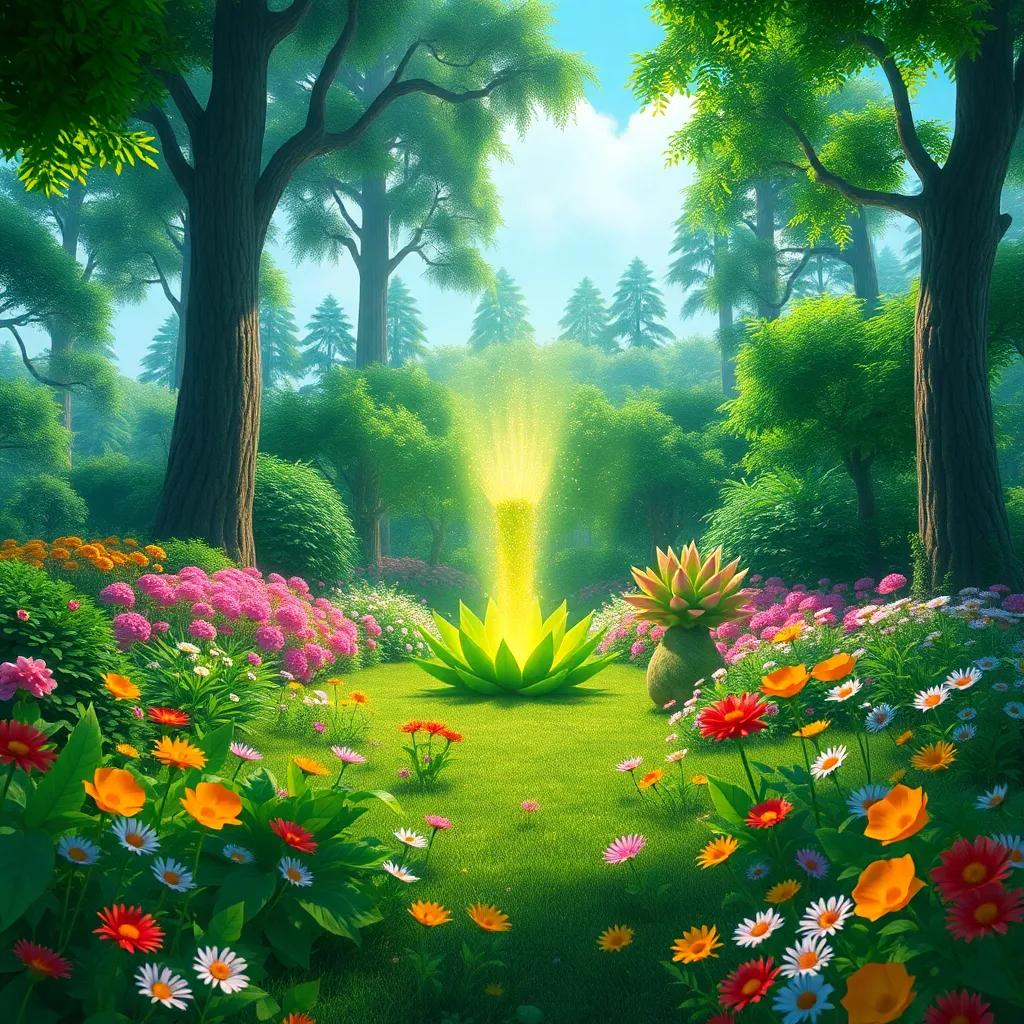 A lush green garden bursting with colorful flowers and tall trees, with a shimmering magical plant at its center, digital illustration with bright colors, enchanting atmosphere, high quality