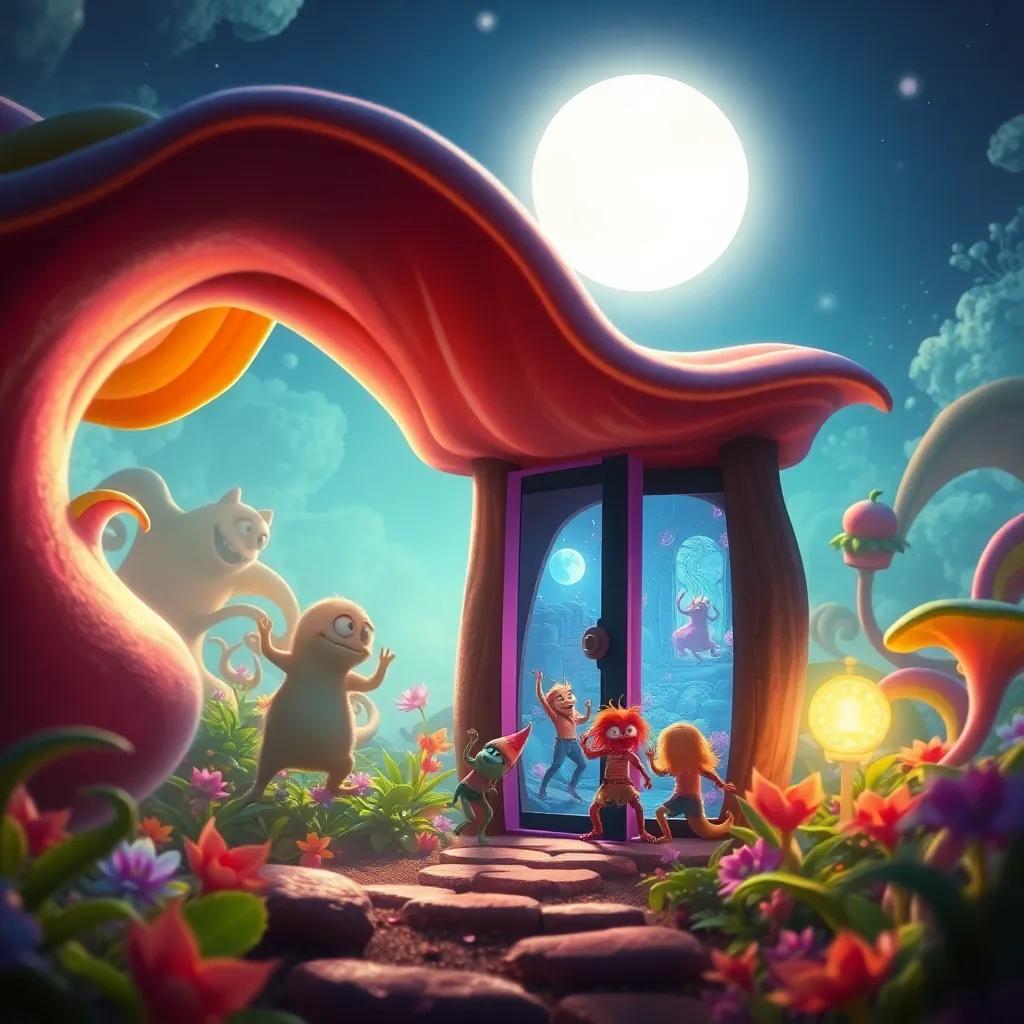 A small door opening in the magical plant revealing a breathtaking world filled with strange creatures dancing under a bright moonlight, fantasy scene, vibrant colors, high quality