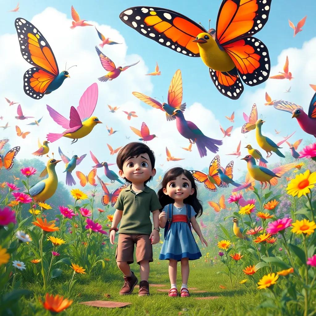 A vibrant world filled with giant colorful butterflies and singing birds, welcoming a boy and girl in awe, cheerful atmosphere, adventure-themed, high quality