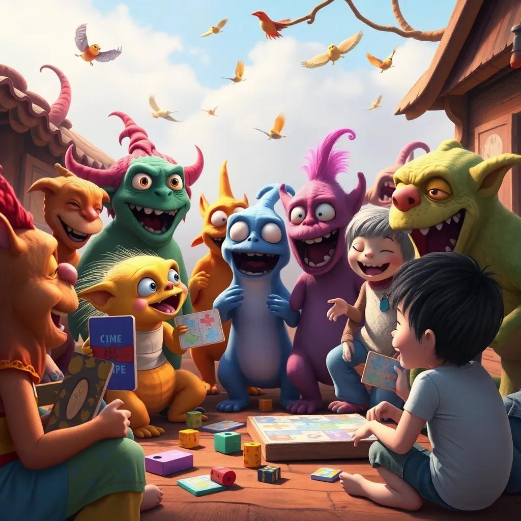 A playful gathering of strange creatures presenting puzzles and games to the kids, with laughter and excitement in the air, whimsical scene, rich colors, high quality