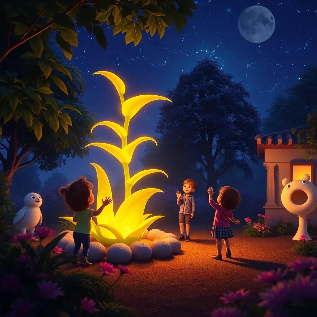 The magical garden at night, with a glowing plant and the kids waving goodbye to friendly creatures, enchanting mood, warm colors, high quality