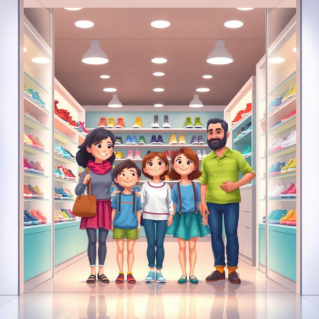 A family entering a shoe store, a cheerful atmosphere, the store filled with colorful shoes, a kind salesperson welcoming them with a smile, digital art, bright colors, inviting environment, playful perspective, high quality