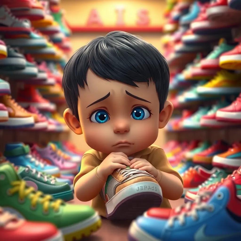 A sad young boy trying on a too-small shoe, with bright blue eyes and short black hair, surrounded by colorful shoes in a vibrant shoe store, emotional scene, colorful, focus on the boy's expression, child-friendly