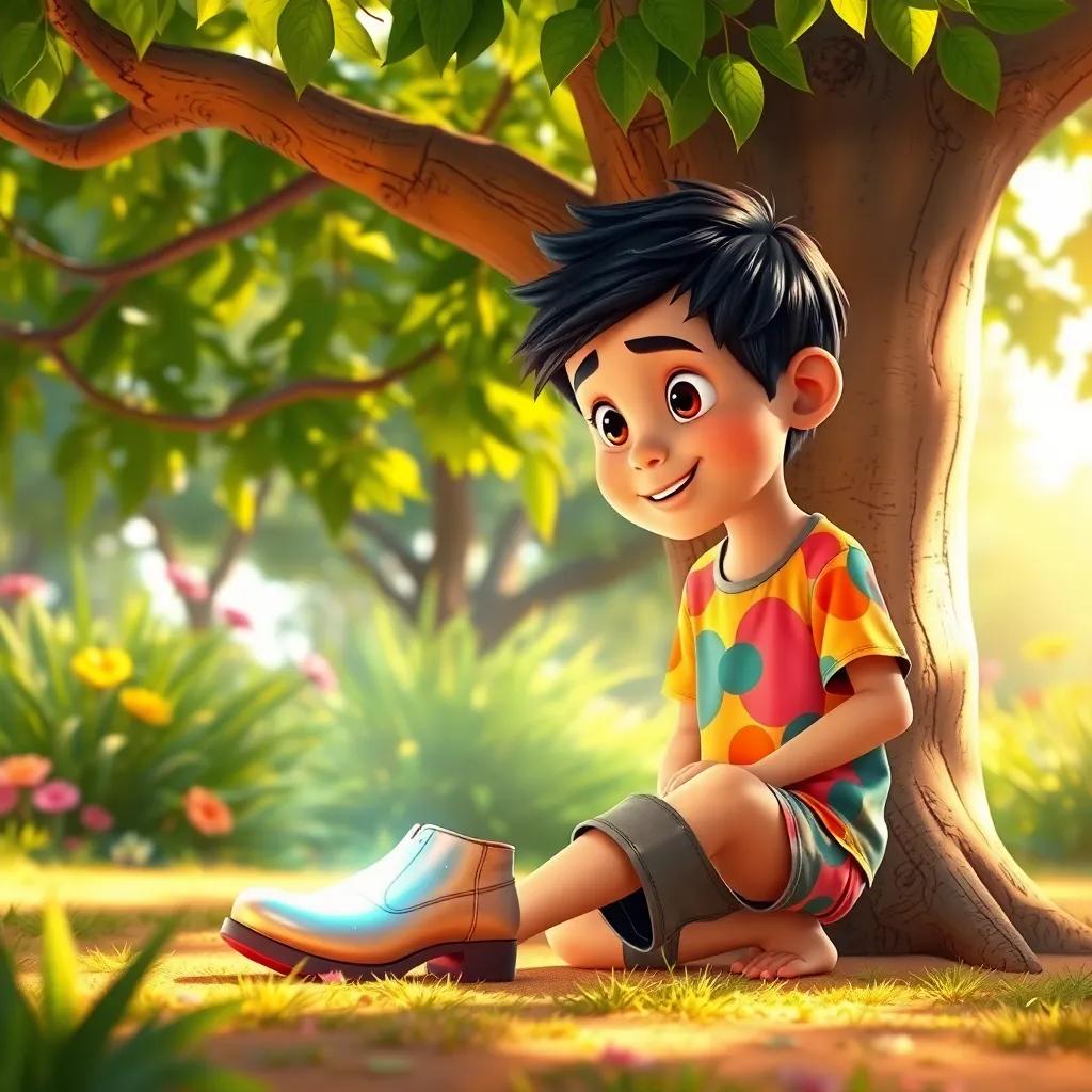 A young Arab boy, Sami, with short black hair, wearing a colorful T-shirt and shorts, discovering a shiny magical shoe under a large tree in a bright garden, digital art, warm colors, inviting atmosphere, high quality
