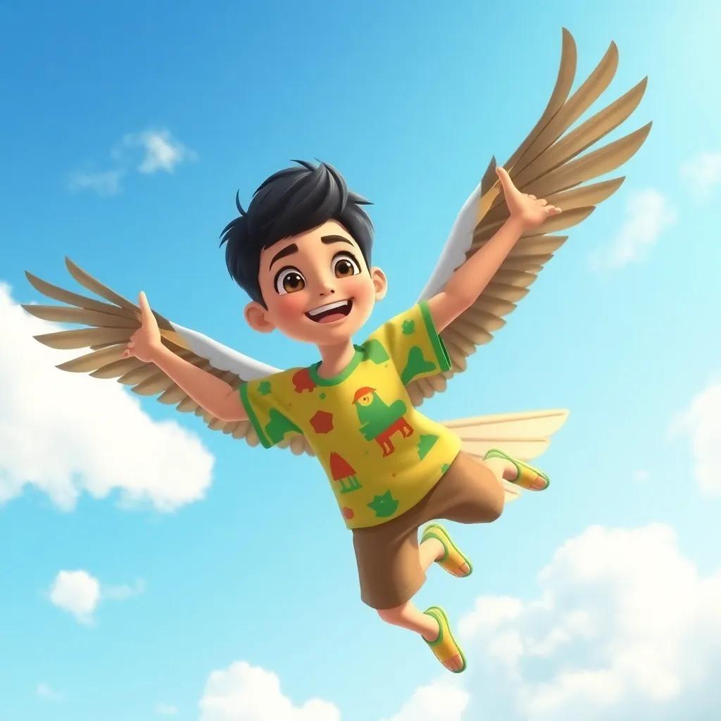 Sami, a young Arab boy with short black hair wearing a colorful T-shirt and shorts, transforming into a bird and flying in a clear blue sky with fluffy white clouds, illustration, cheerful, adventure-themed, child-friendly