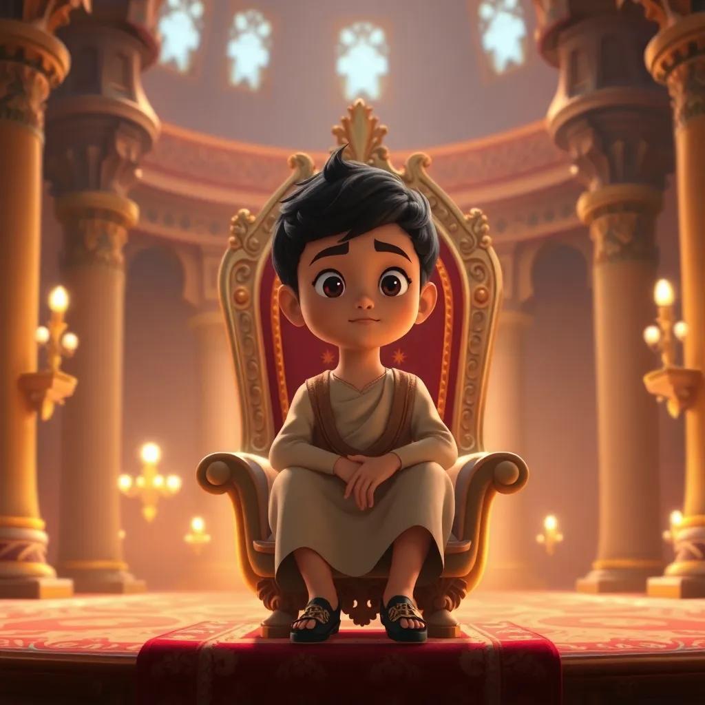 Sami, a young Arab boy with short black hair in a magical shoe, looking lonely on a throne surrounded by a beautiful palace, soft light, warm colors, thoughtful expression, child-friendly