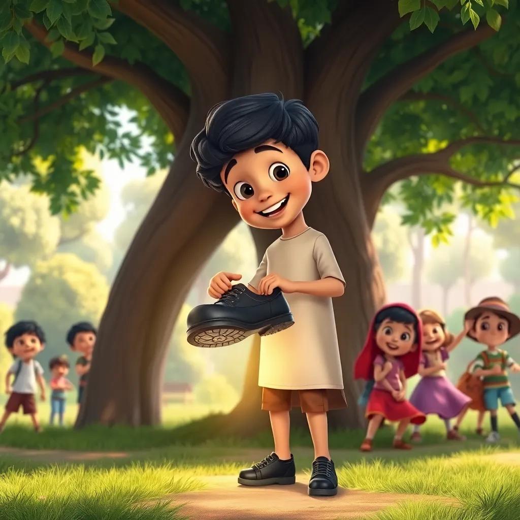 Sami, a young Arab boy with short black hair, taking off the magical shoe, standing under a tree in the park, surrounded by other happy children playing, vibrant colors, joyful atmosphere, storytelling view