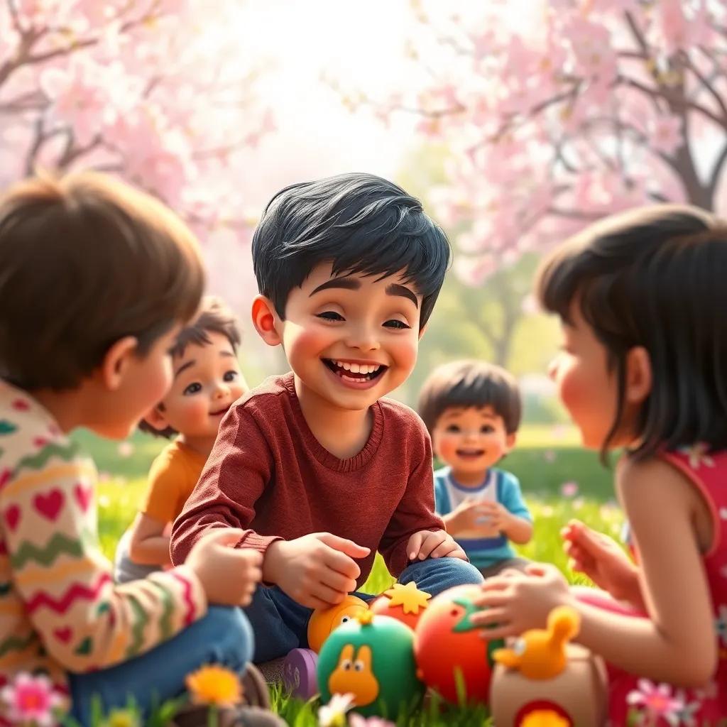 Sami, a young Arab boy with short black hair, playing joyfully with other children in the park, laughing and sharing toys, blossoming flowers all around, colorful, bright light, heartwarming scene