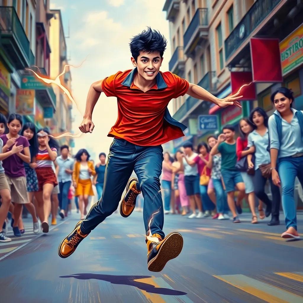 A young man, Omar, with short black hair, now wearing a magical shoe, running at lightning speed on a busy street, amazed faces around him, dynamic motion, bright colors, whimsical style, high quality, energetic positivity