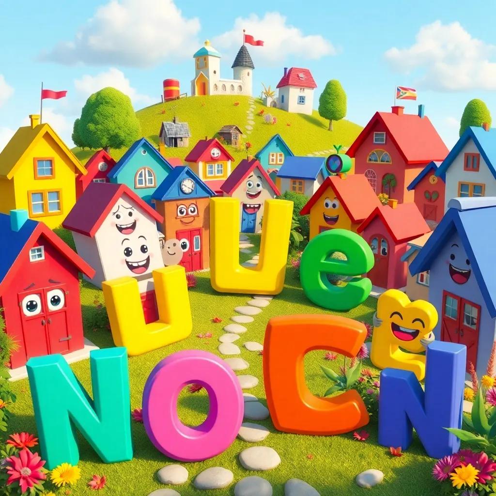 A colorful village scene filled with cheerful letters, each letter has a unique expression, digital art, bright colors, joyful atmosphere, high quality