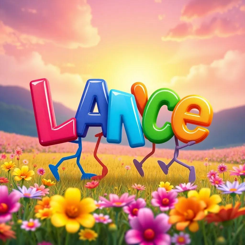 Letters dancing together in a vibrant field, showcasing their colors and shapes, surrounded by flowers, playful and energetic scene, child-friendly, detailed illustration