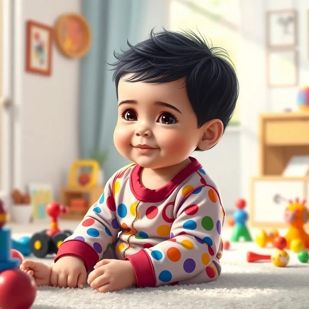 A calm two-year-old boy, Al-Hussein, with short dark hair, wearing a colorful onesie, sitting on a soft carpet in a sunlit room, surrounded by toys, joyful atmosphere, digital art, vibrant colors, playful