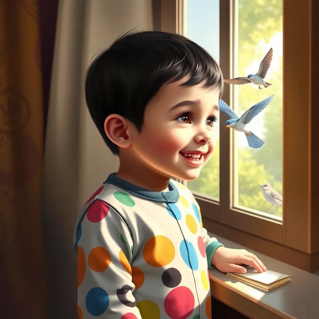 A two-year-old boy, Al-Hussein, with short dark hair, wearing a colorful onesie, looking out the window at birds, smiling, bright sunlight, cheerful environment, digital painting, warm colors, innocence