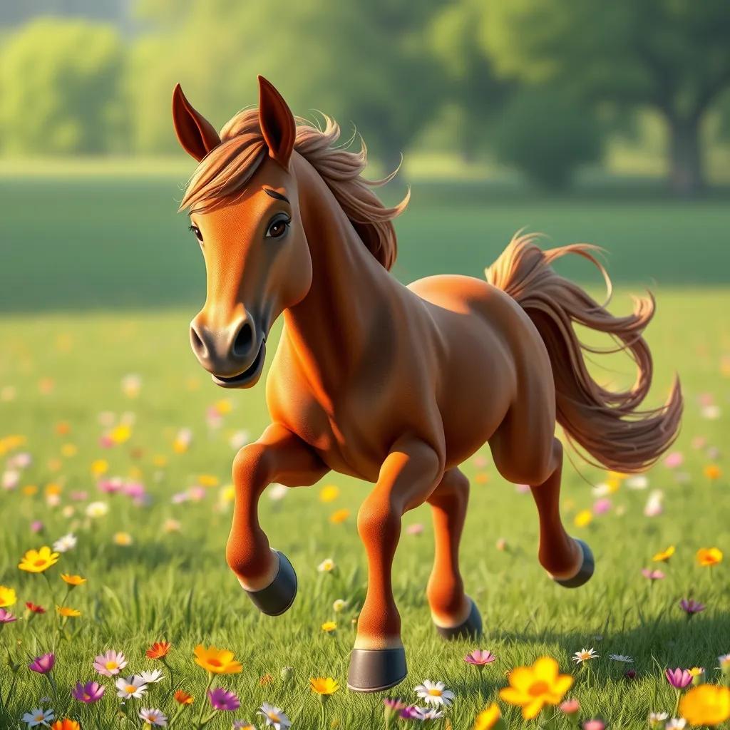 A beautiful horse named Ra'd, with shiny brown fur, running in a wide green field with colorful flowers, cheerful atmosphere, digital art, bright colors, high quality