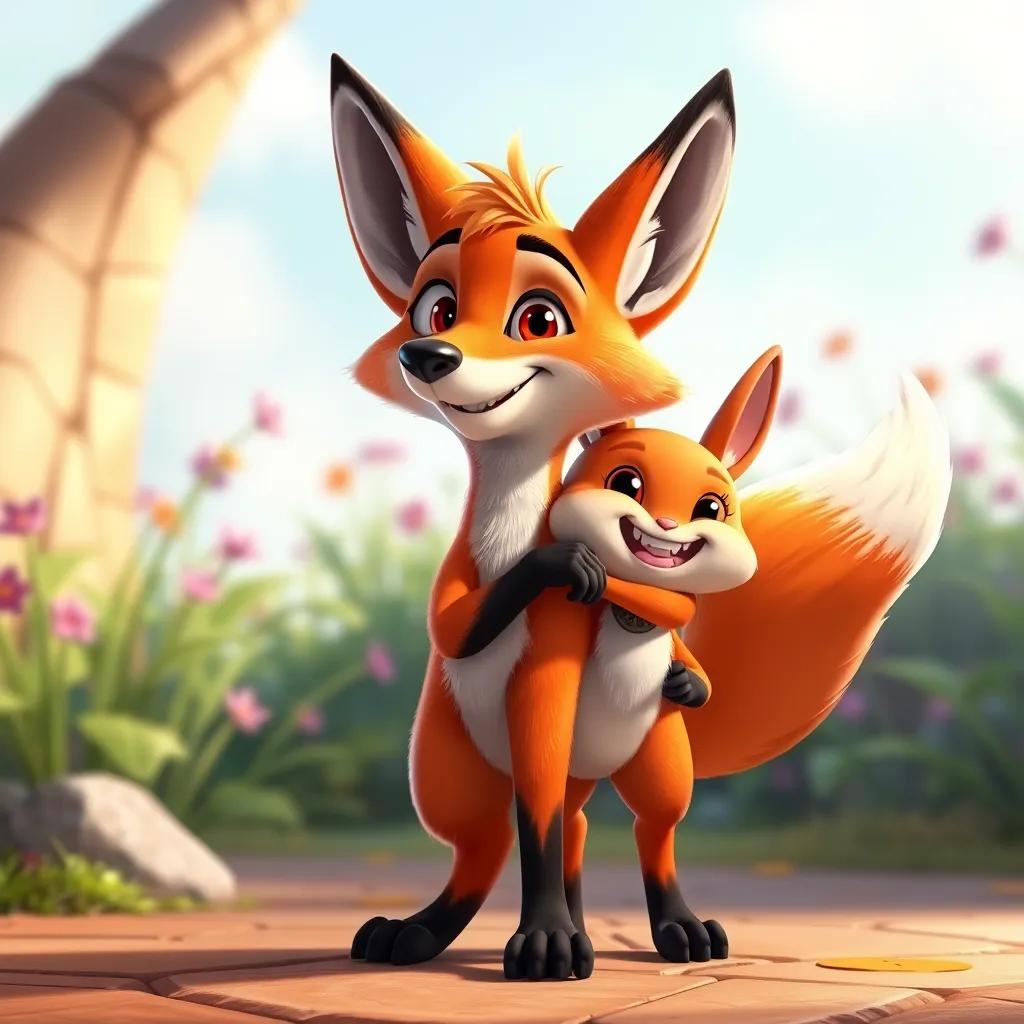 A clever fox named Flook, with shiny orange fur and sparkling eyes, standing next to Ra'd with a playful expression, friendly and inviting, colorful illustration, vibrant scene
