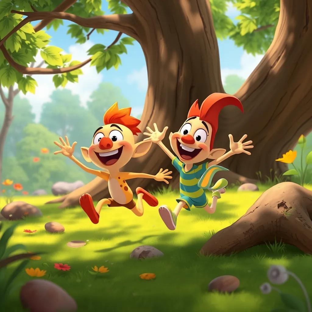 Ra'd and Flook running around a big tree, playing together, joyful and happy environment, bright and cheerful colors, cartoon-style, lively