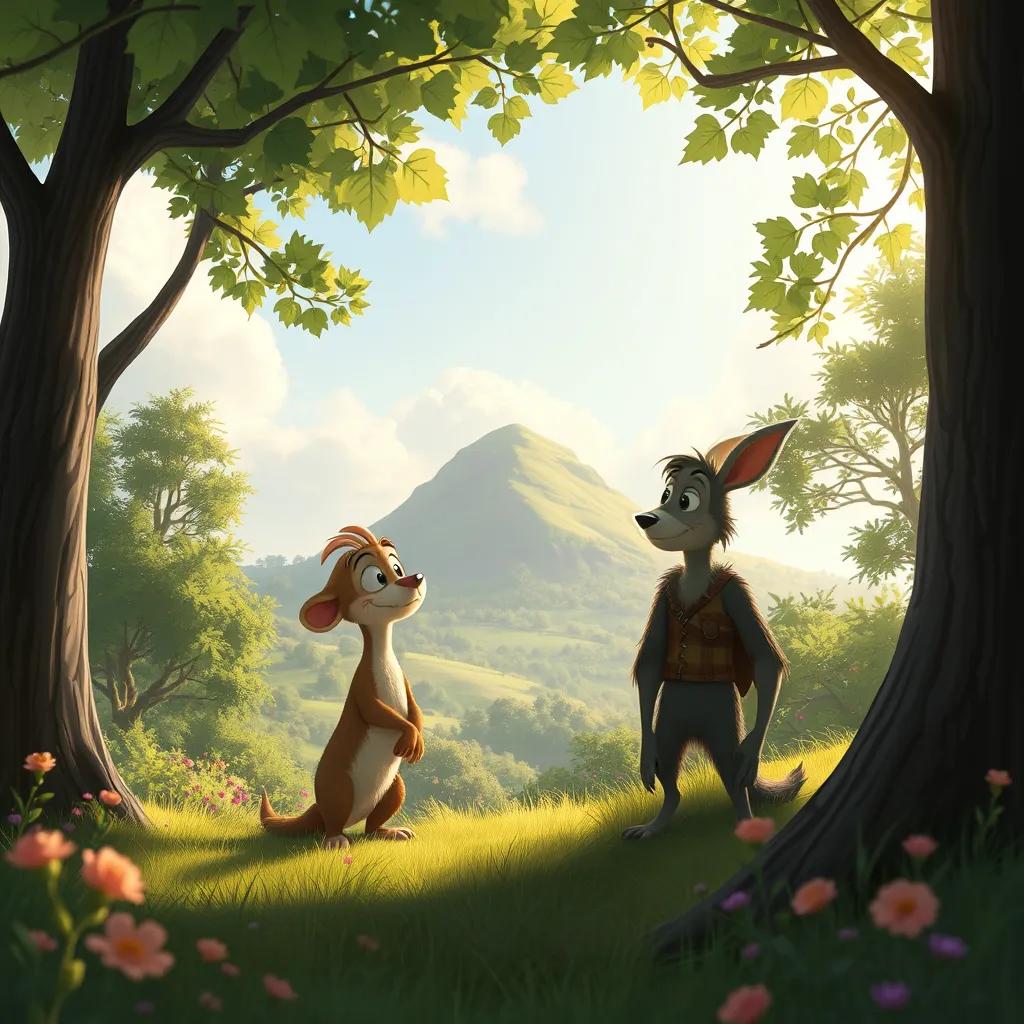 Ra'd looking cautious while Flook tries to persuade him to go to a hill, surrounded by trees and flowers, gentle sunlight, storytelling view, engaging illustration