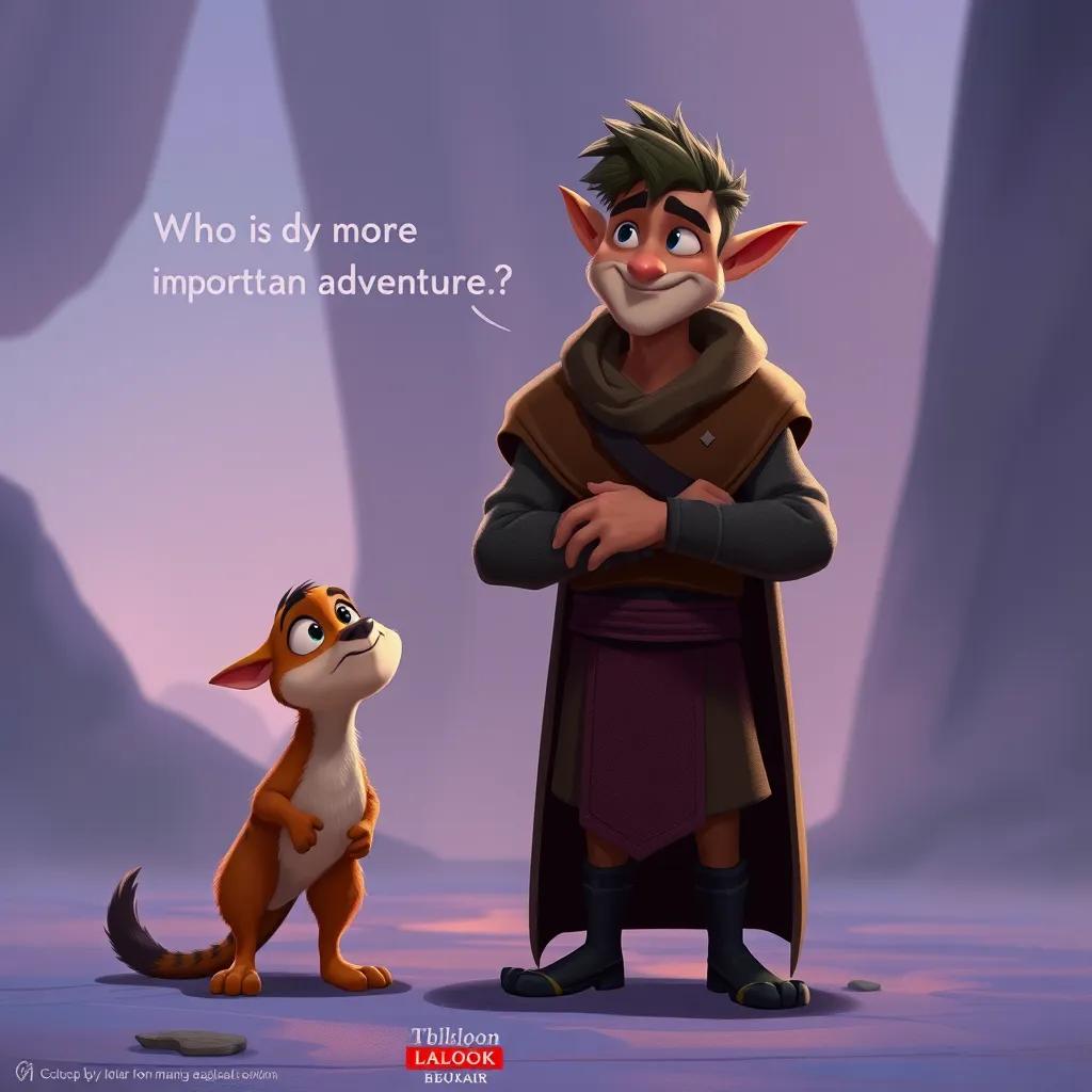 Ra'd standing firmly, saying that friendship is more important than adventure, with Flook looking thoughtful next to him, warm and heartwarming scene, digital painting, soft colors, uplifting vibe