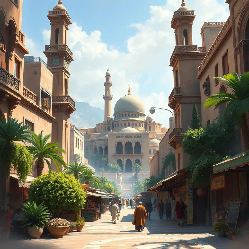A beautiful ancient city in the Arab world with tall buildings and green gardens, showing a bustling market scene, digital art, warm colors, lively atmosphere, high quality