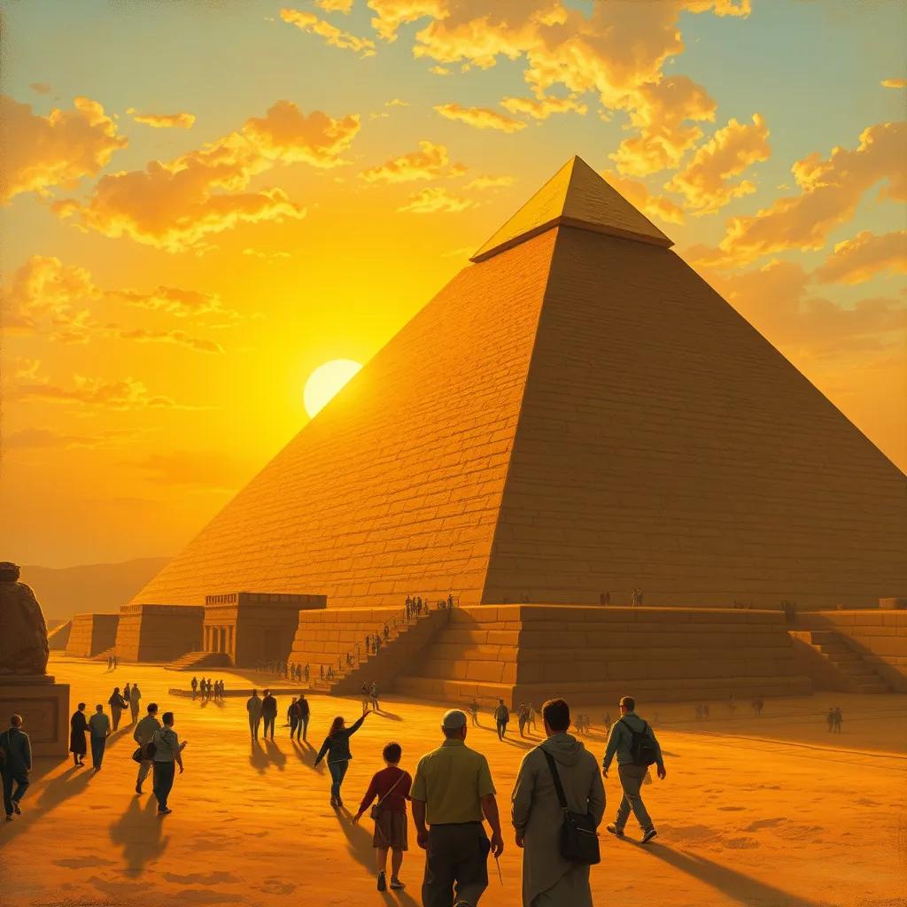 A grand pyramid in Giza with the sun setting behind, tourists exploring the area, detailed illustration, golden hues, historical significance, high quality