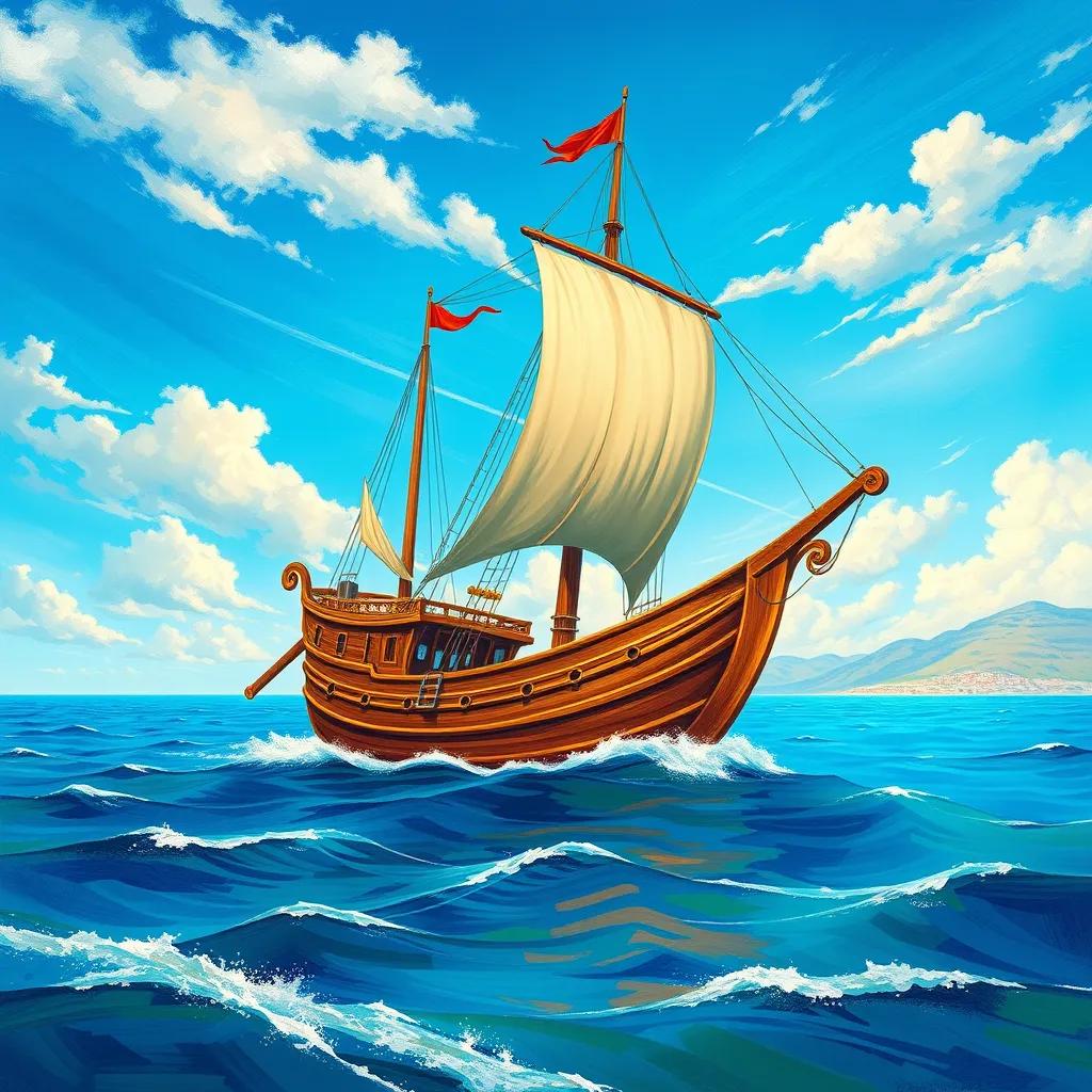 A Phoenician ship sailing on the Mediterranean Sea, with a clear blue sky and distant coastline, colorful and inviting, vibrant colors, illustration, high quality