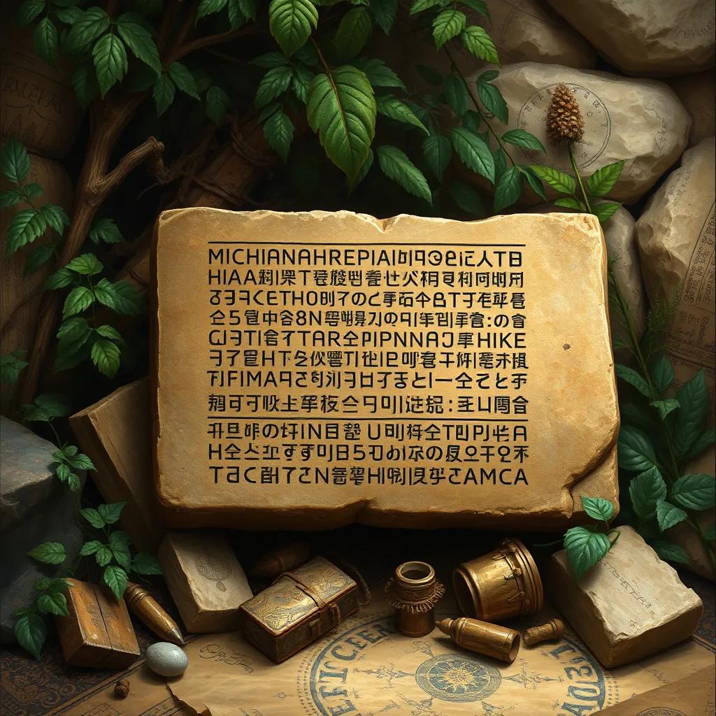 An ancient tablet with cuneiform writing on it, surrounded by nature and historical artifacts, detailed digital artwork, earth tones, peaceful atmosphere, high quality