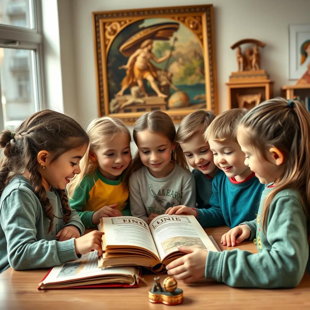 A group of children learning about ancient civilizations, looking at books and artifacts in a modern classroom, cheerful environment, bright colors, engaging imagery, high quality