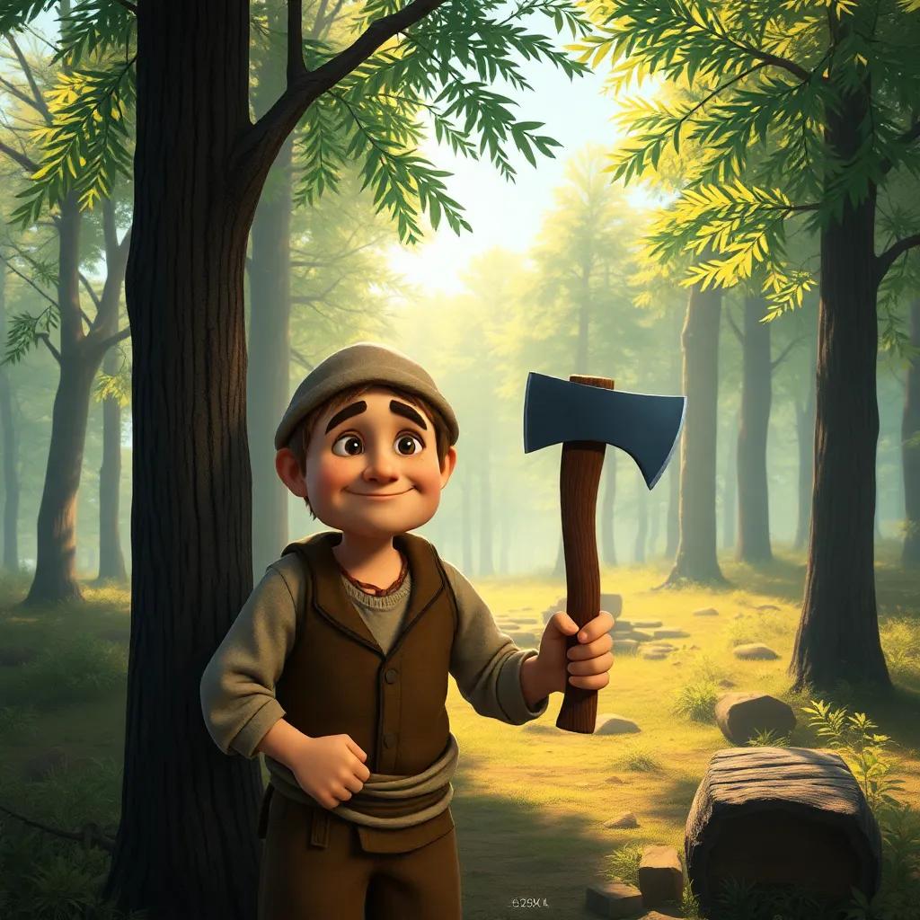 A poor woodcutter, wearing simple clothes, with a kind face, in a sunlit forest filled with trees, holding an axe, digital art, warm colors, inviting atmosphere, high quality