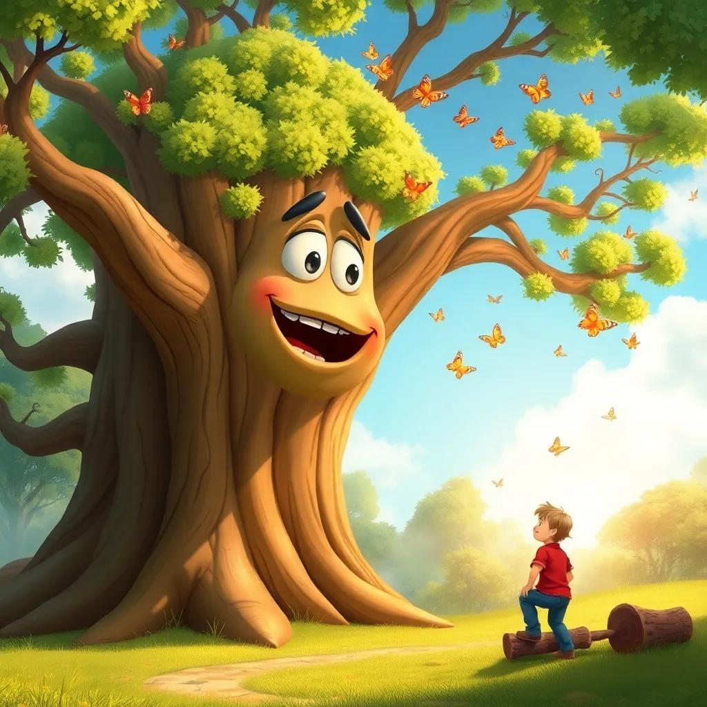 A magical talking tree, large and majestic, with a friendly face, surrounded by sunlight and butterflies, inviting the woodcutter to listen, illustration, vibrant colors, whimsical feel, high quality