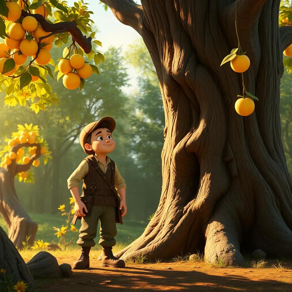 The woodcutter, looking amazed, stands close to the talking tree, its golden fruits shining in the sunlight, warm and welcoming scene, detailed digital art, high quality