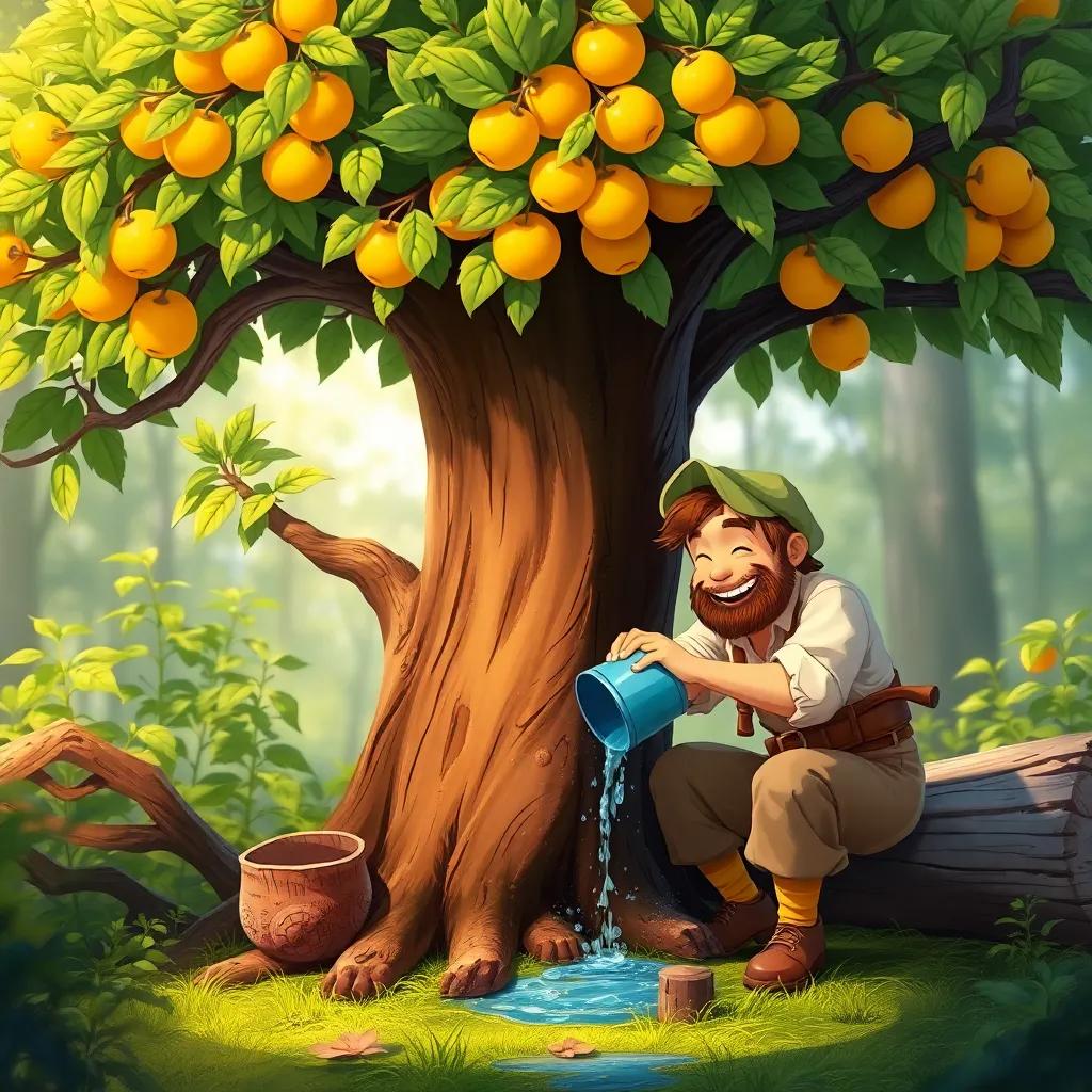 The woodcutter nurturing the talking tree, pouring water at its base, with green leaves and golden fruits above, joyful atmosphere, digital painting, detailed, harmonious colors, high quality