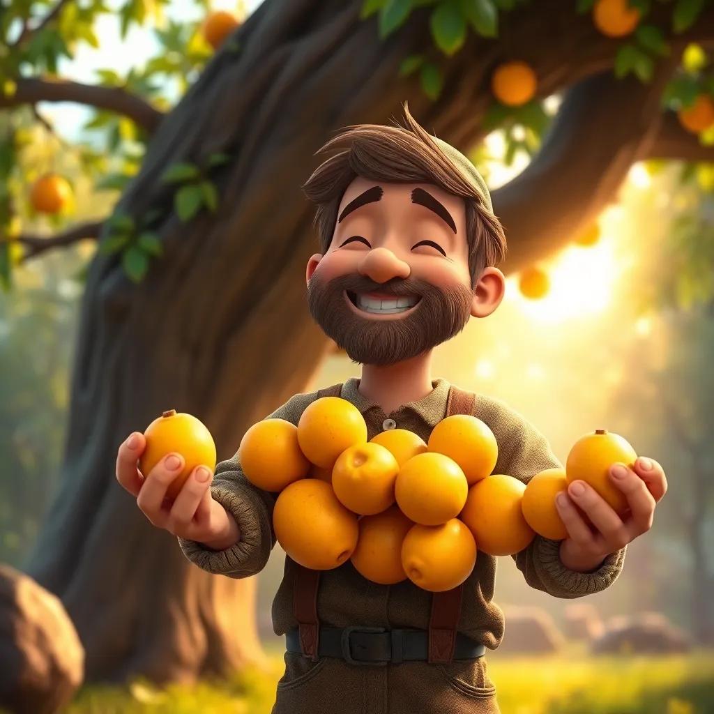 The woodcutter holding golden fruits in his arms, smiling with joy, the talking tree in the background, sunlight filtering through the leaves, colorful, warm light, heartwarming scene, high quality