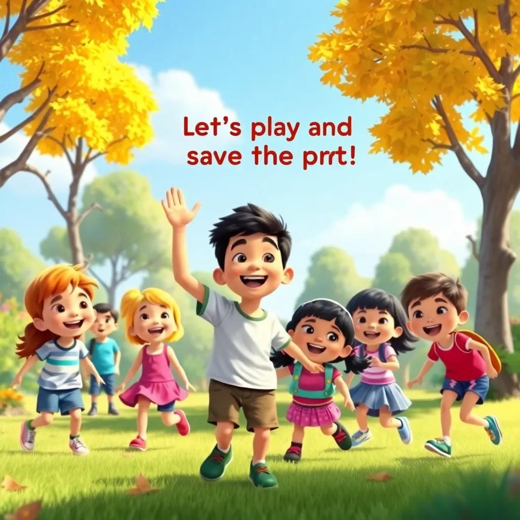 A sunny park where a group of children are playing happily, with one boy named Ali enthusiastically saying, 'Let's play and save the park!', vibrant colors, cheerful atmosphere, children's joyful expressions, digital art