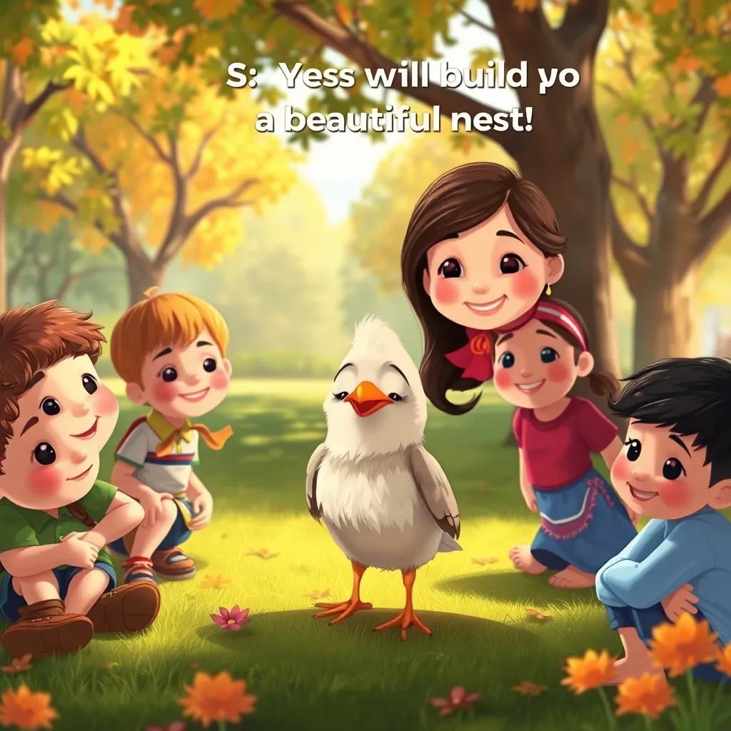 A small, lost bird with soft feathers in a park, surrounded by children, one girl named Mariam saying, 'Yes, we will build you a beautiful nest!', warm colors, friendly smiles, engaging scene, illustration