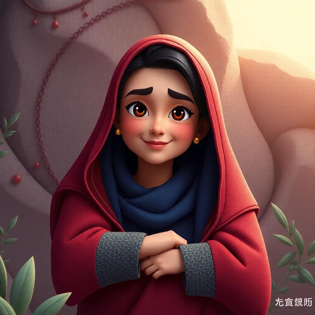 امرأة مسنّة، جدة سارة، تحمل بسمة دافئة، ترتدي سترة تقليدية، جالسة على صخرة، تحكي قصة عن الحقول، مع طبيعة رائعة حولها، فن تفصيلي ، جو مريح