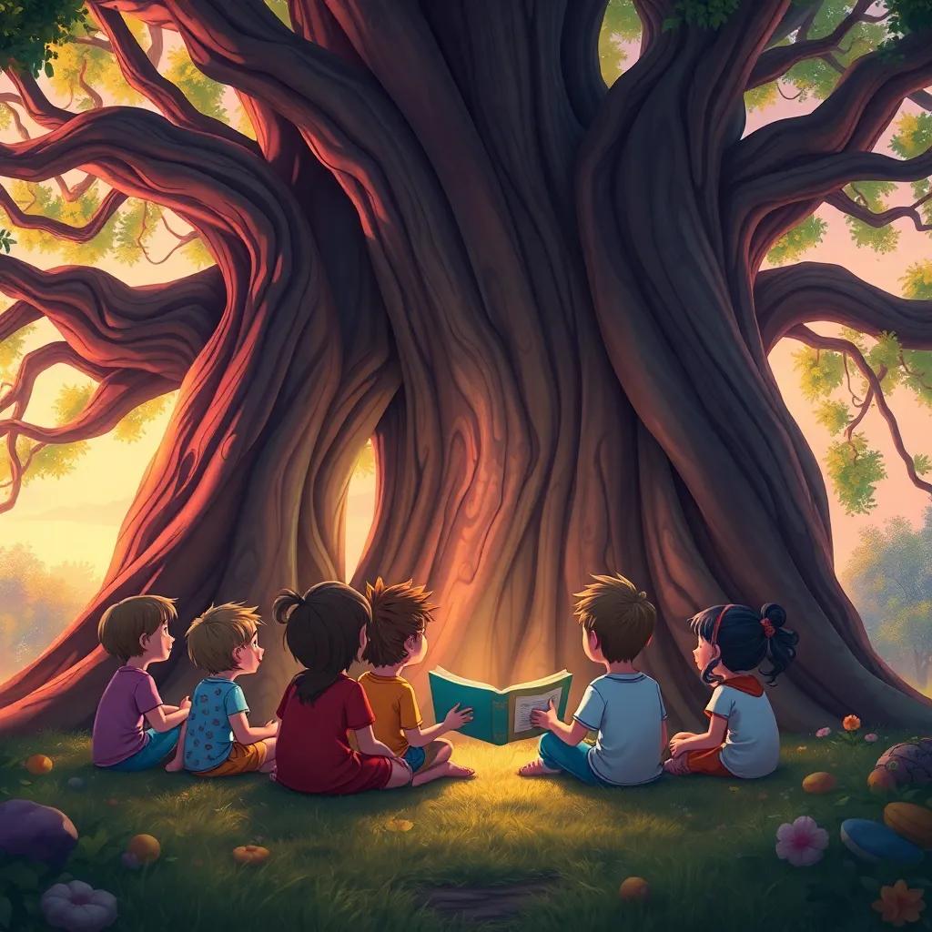A group of children sitting under a large, ancient tree, listening to a story, magical atmosphere, warm colors, cheerful, vibrancy, high quality