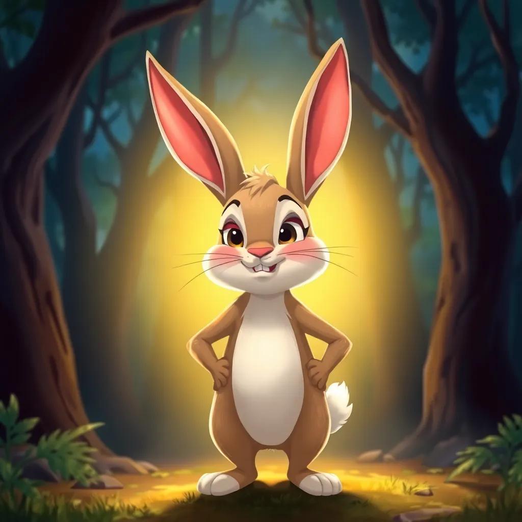 An illustration of a brave little rabbit standing tall, with a determined look on its face, surrounded by a dark forest, glowing light, heroic, vibrant colors, high quality
