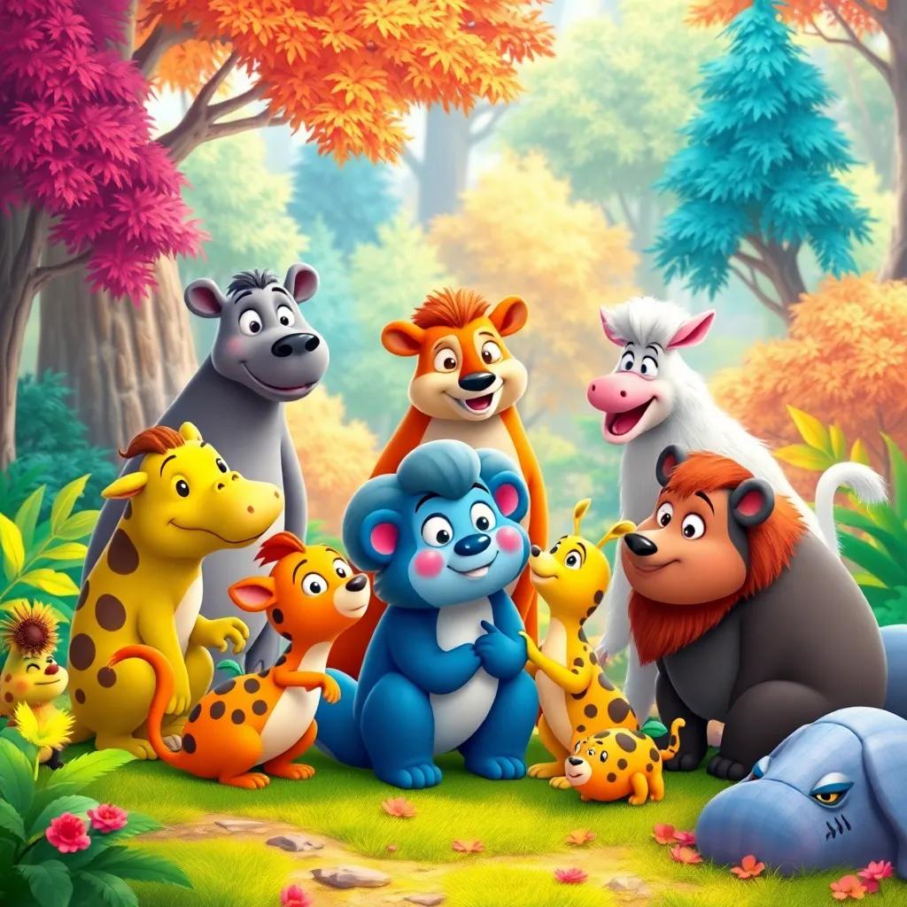 A team of various animals working together, solving a problem, colorful forest backdrop, harmony, collaboration theme, bright colors, cheerful, high quality