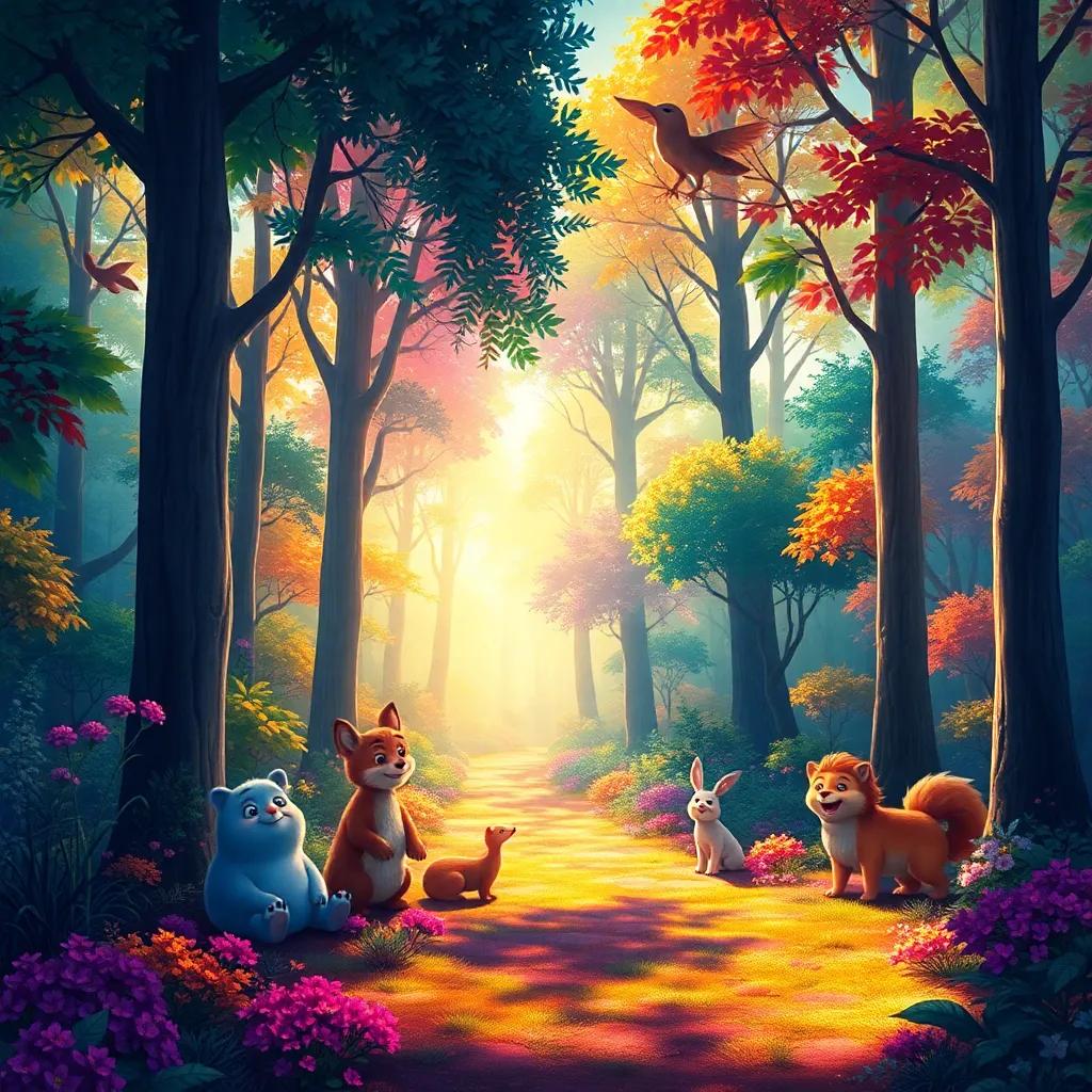 Bright colorful forest with animals happily restoring colors, light shining through trees, magical journey, uplifting atmosphere, vivid colors, high quality