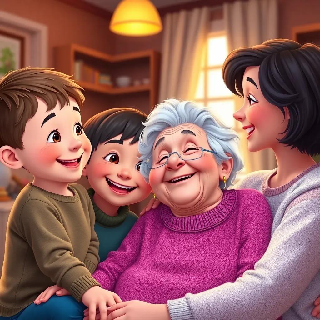 Children smiling and thanking their grandmother, happiness radiating in their eyes, cozy home environment, warm light, heartwarming, high quality