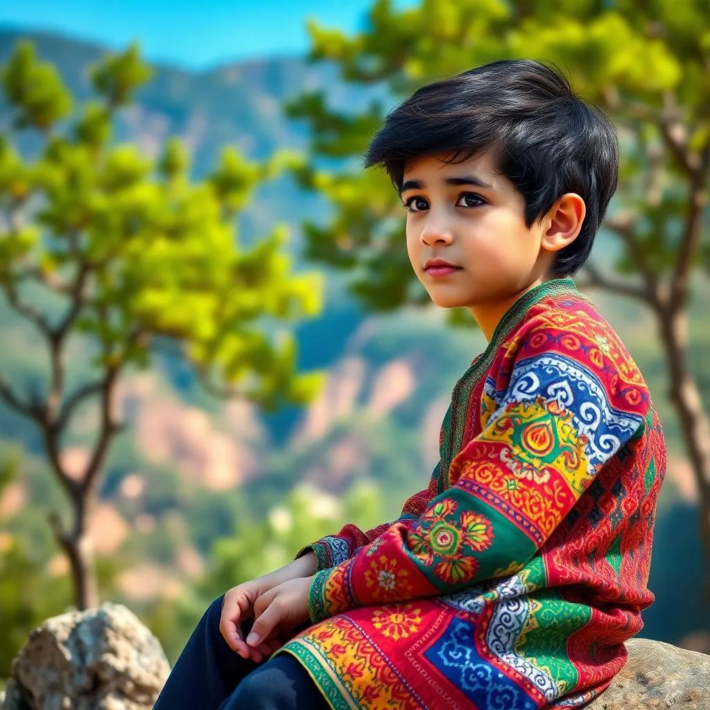 A young Iraqi boy, Sami, with dark hair and wearing a colorful traditional shirt, sitting on a rock in the mountains, looking curious and thoughtful, surrounded by green trees and blue sky, digital art, vibrant colors, peaceful atmosphere, high quality